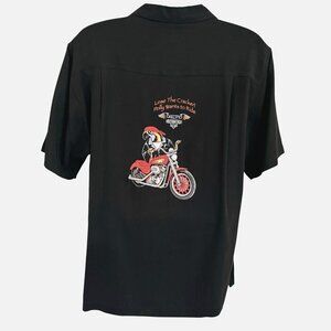 Luau Mens 100% Silk Embroidered Shirt M Motorcycle Biker Polly Wants to Ride